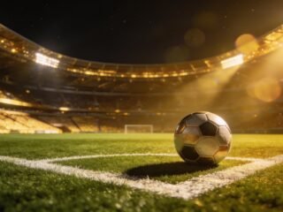 Floodlit football stadium at night with a ball on the penalty spot