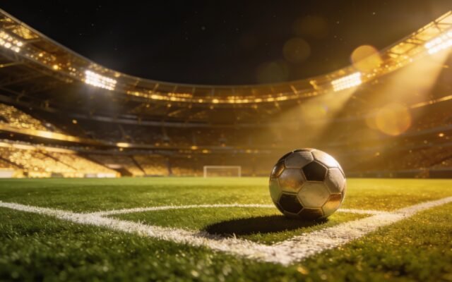 Floodlit football stadium at night with a ball on the penalty spot