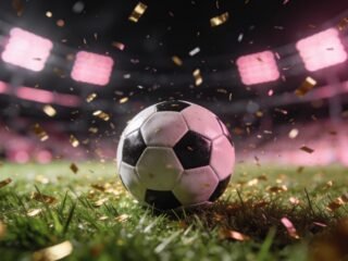 Football on grass with golden confetti falling in stadium lights
