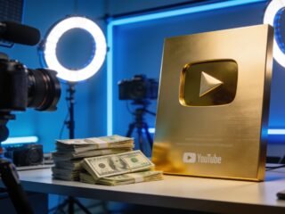 YouTube creator studio with cameras, neon lighting and a golden play button