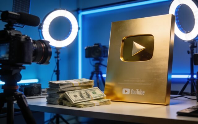 YouTube creator studio with cameras, neon lighting and a golden play button