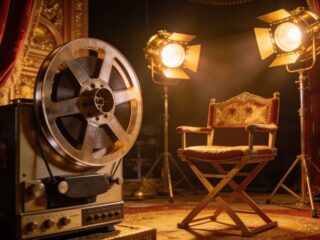 Opulent film studio with a vintage film reel and golden cinema spotlights