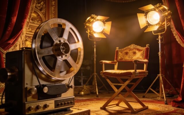 Opulent film studio with a vintage film reel and golden cinema spotlights
