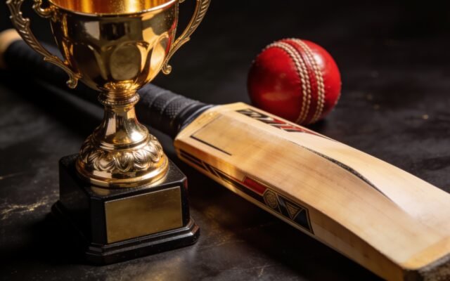 Golden cricket trophy beside a bat and red leather ball in dramatic studio lighting
