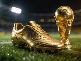 Golden football boot and trophy on stadium grass under floodlights at night