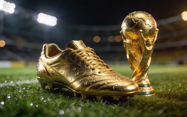 Golden football boot and trophy on stadium grass under floodlights at night