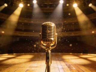 Golden vintage microphone on a grand concert stage under warm spotlights