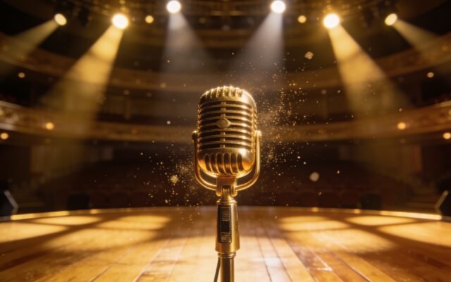 Golden vintage microphone on a grand concert stage under warm spotlights
