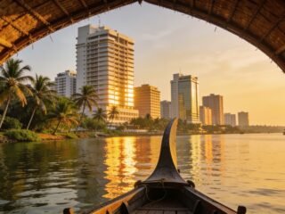 Kochi waterfront skyline at golden hour with a traditional Kerala boat