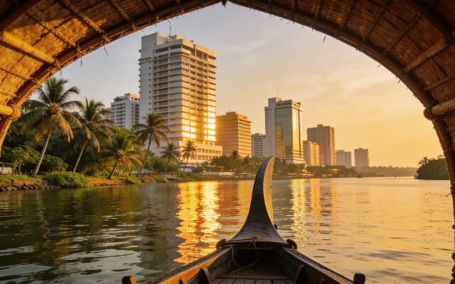 Kochi waterfront skyline at golden hour with a traditional Kerala boat