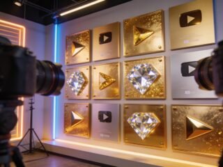 Wall of golden and diamond play button awards in a modern creator studio