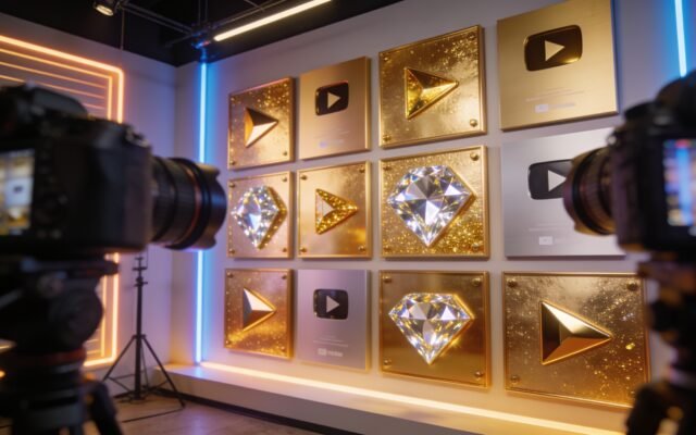 Wall of golden and diamond play button awards in a modern creator studio