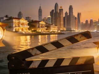 Mumbai skyline at dusk with a film clapperboard and cinema spotlights
