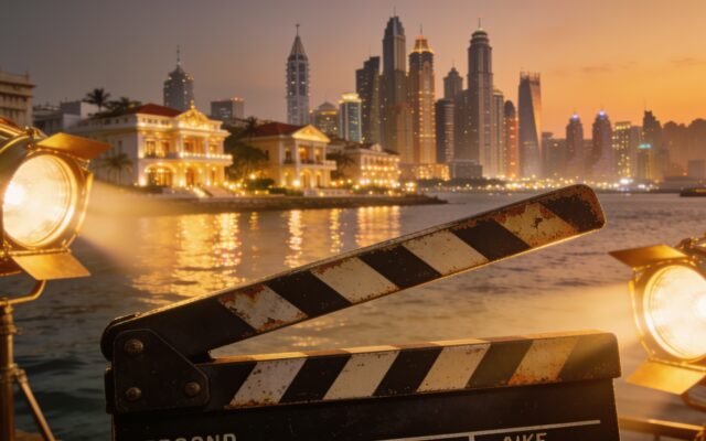 Mumbai skyline at dusk with a film clapperboard and cinema spotlights