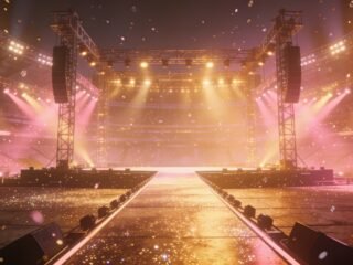 Empty concert stage glowing with golden and pink stage lights