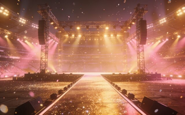Empty concert stage glowing with golden and pink stage lights