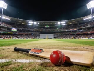 Cricket stadium under floodlights with a bat and ball on the pitch