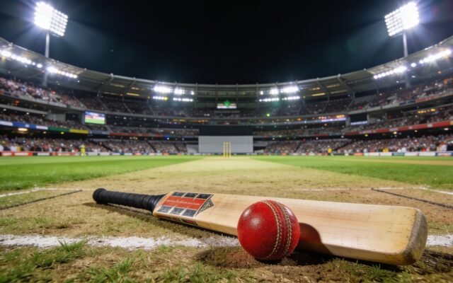 Cricket stadium under floodlights with a bat and ball on the pitch