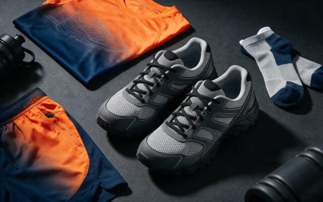 Athletic running shoes and sportswear apparel arranged in a flat lay on a dark charcoal surface