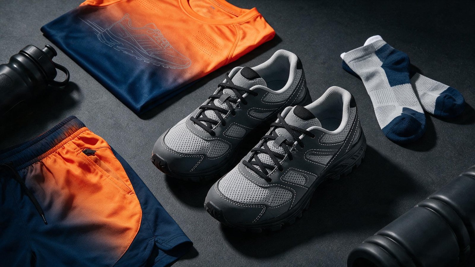 Athletic running shoes and sportswear apparel arranged in a flat lay on a dark charcoal surface