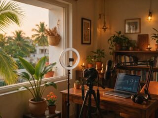 Content creator home studio with ring light, camera on tripod and laptop showing analytics graphs