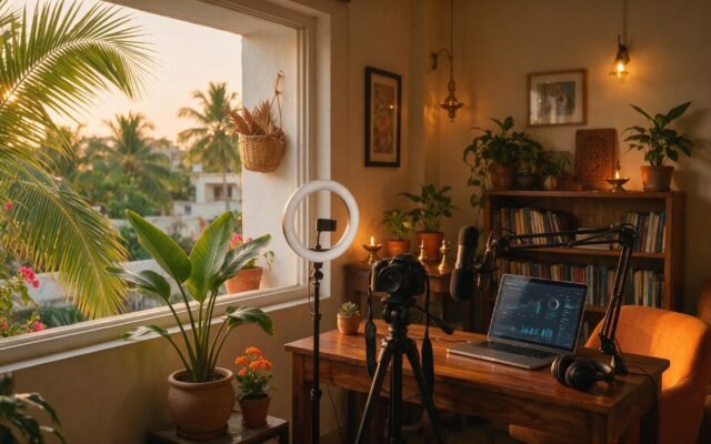 Content creator home studio with ring light, camera on tripod and laptop showing analytics graphs