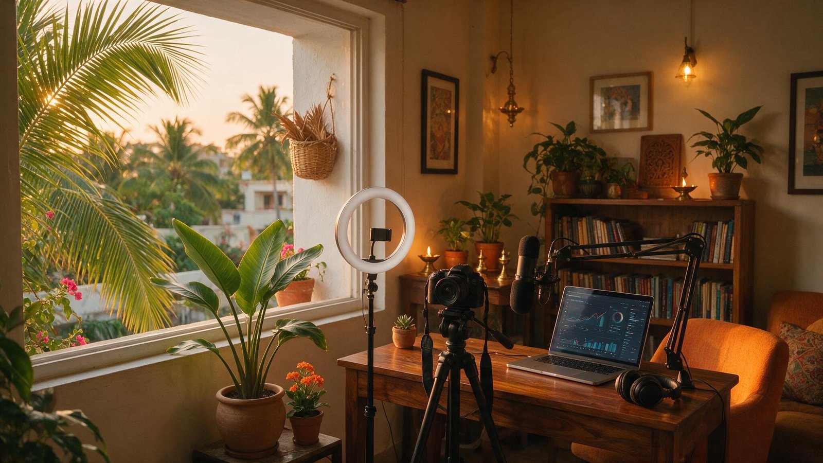 Content creator home studio with ring light, camera on tripod and laptop showing analytics graphs