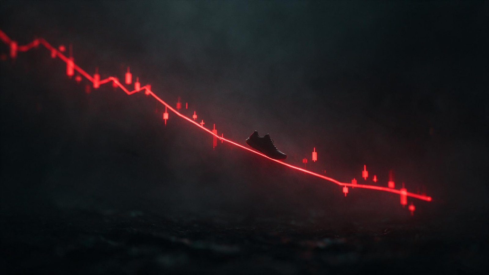 Descending red stock market chart line over a dark background with a running shoe silhouette