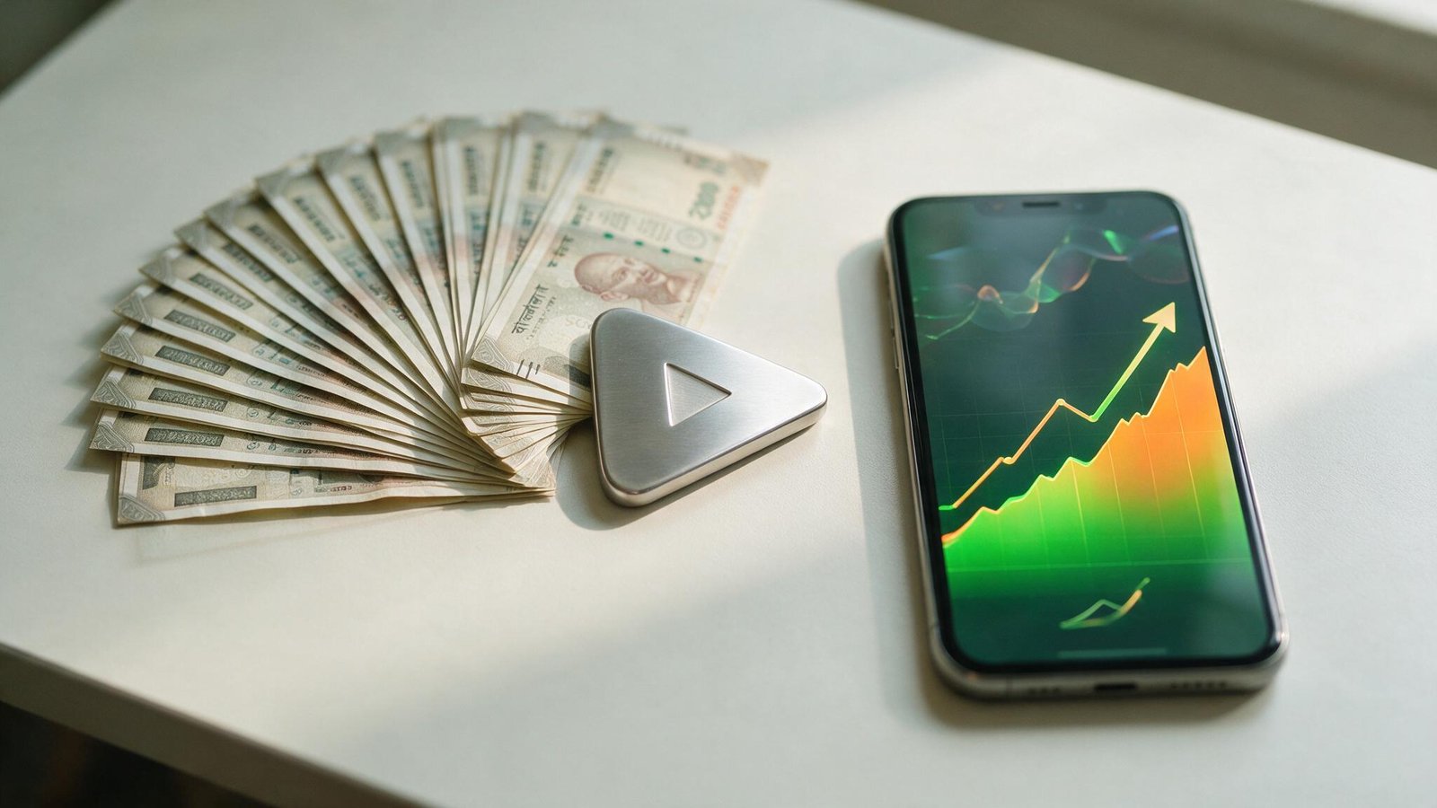 Indian rupee notes beside a smartphone showing a rising analytics chart and play button icon