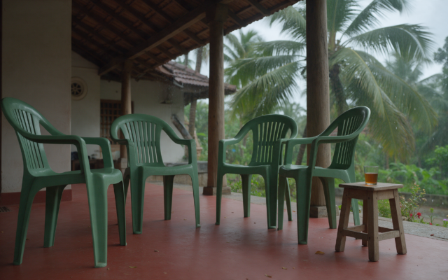 Four empty plastic chairs on a Kerala house veranda with red oxide floor and a tea glass on a low stool