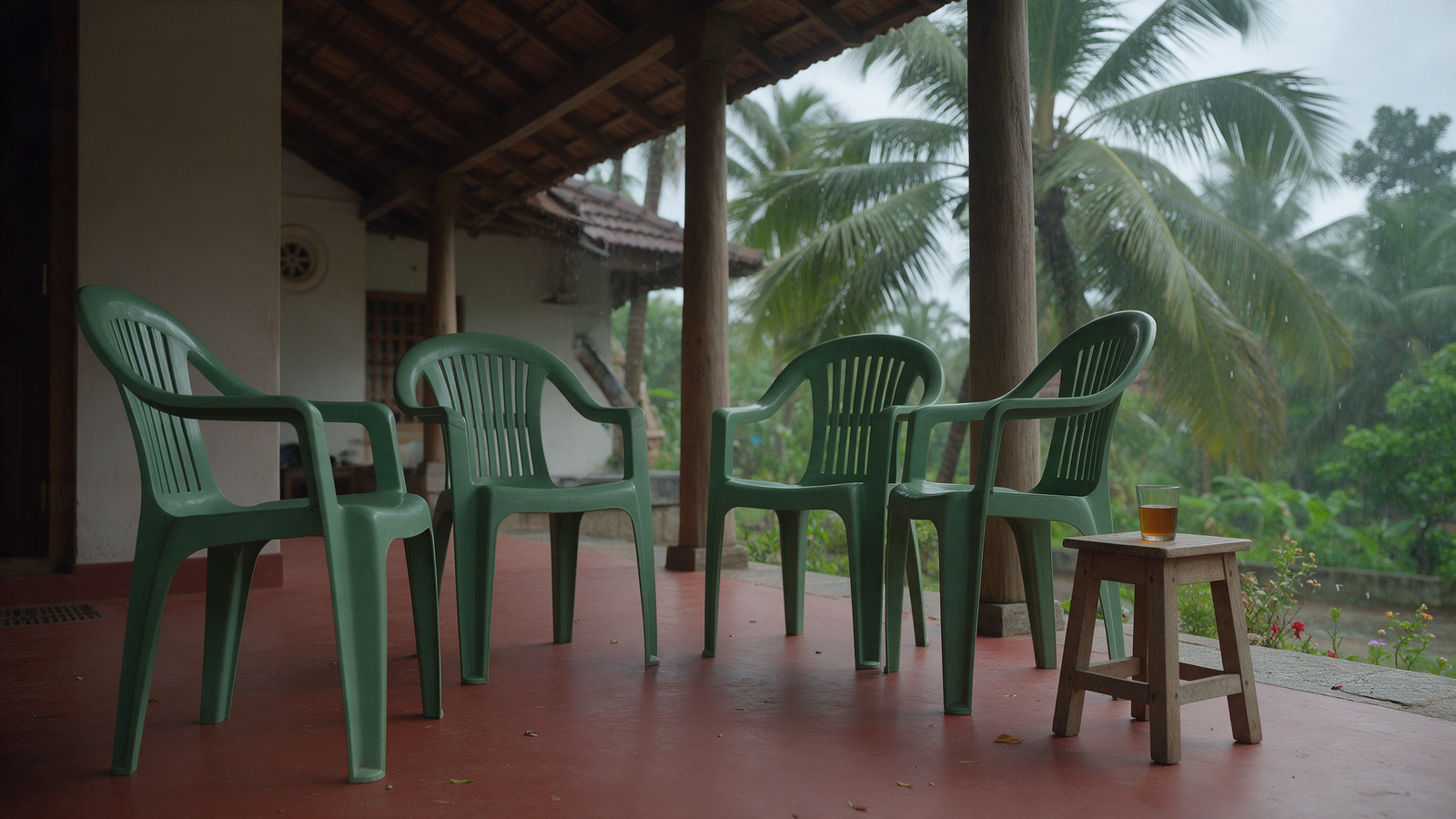 Four empty plastic chairs on a Kerala house veranda with red oxide floor and a tea glass on a low stool