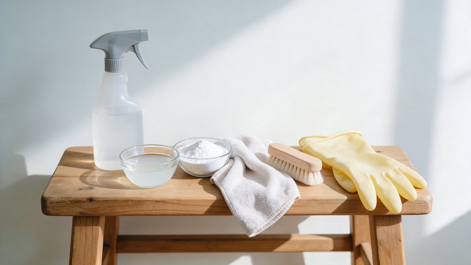 Home cleaning supplies for removing mold from walls including spray bottle vinegar baking soda gloves and brush