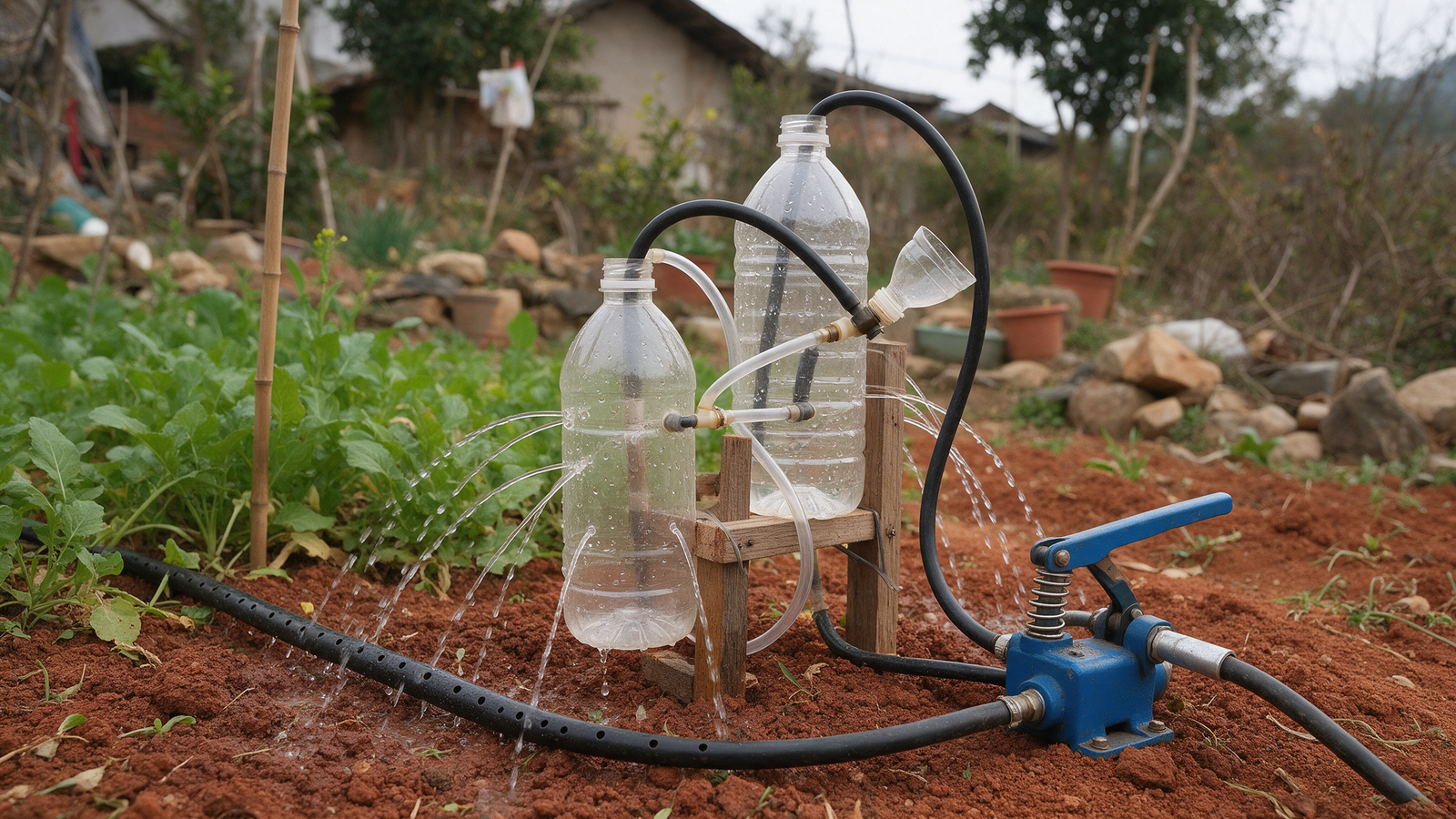 Homemade contraption built from clear plastic bottles and rubber tubing on red garden soil