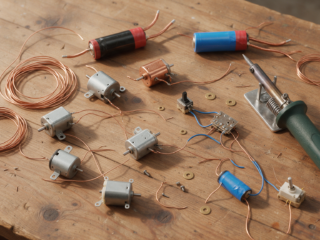 Small electronic components, copper wire coils, motors and a soldering iron laid out on a rustic wooden table