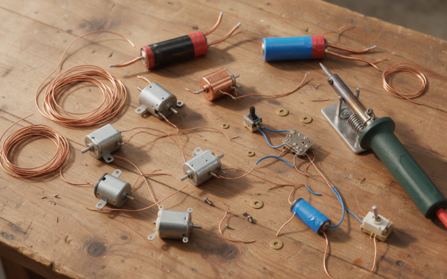 Small electronic components, copper wire coils, motors and a soldering iron laid out on a rustic wooden table