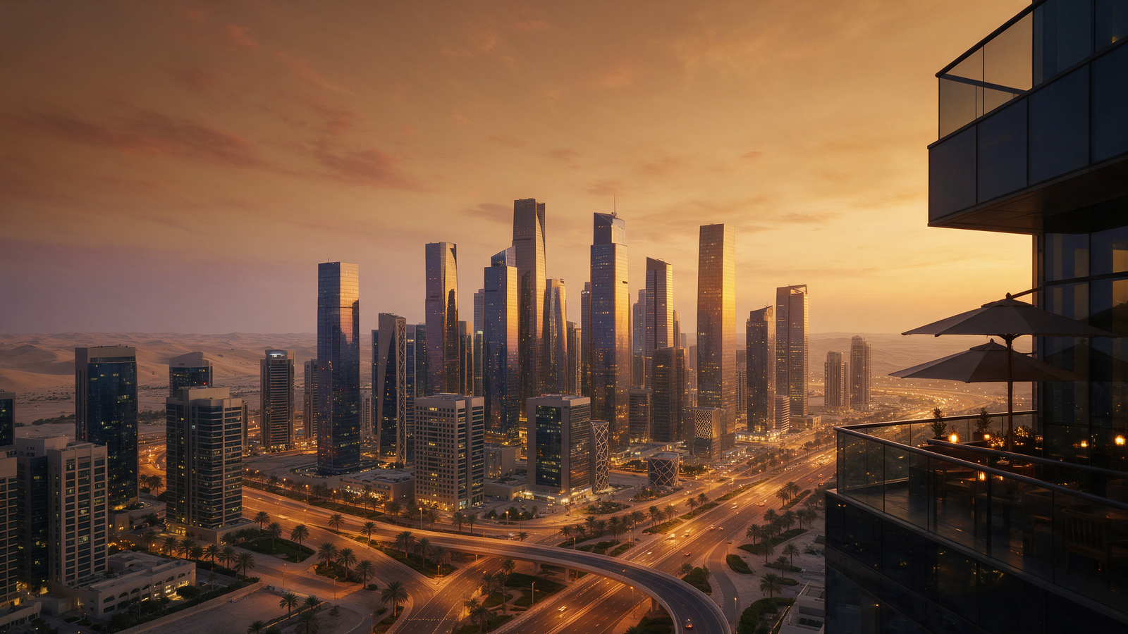Modern Gulf city skyline of glass towers at dusk under a warm amber sky