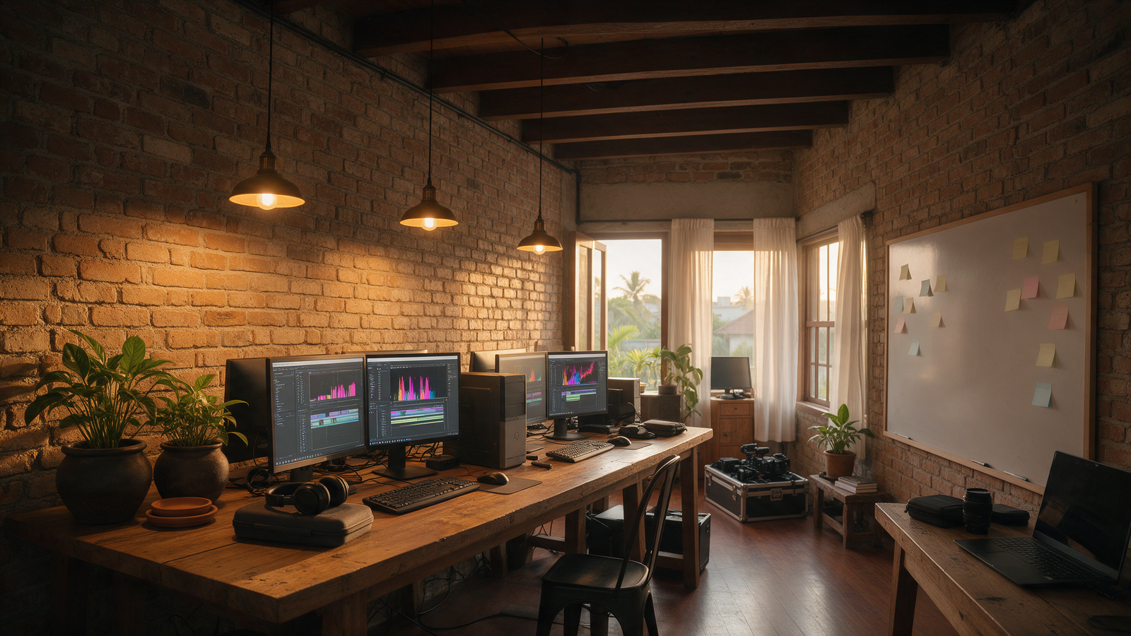 Small creative media office in Kochi with editing workstations, exposed brick and warm pendant lighting