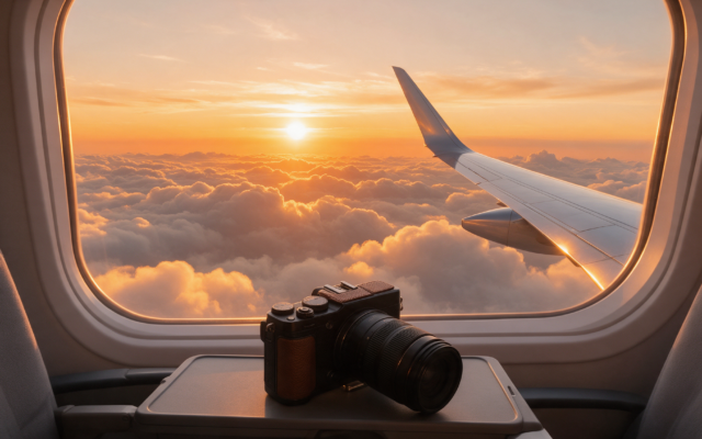 View through an aeroplane window of golden sunrise clouds with a compact camera on the tray table