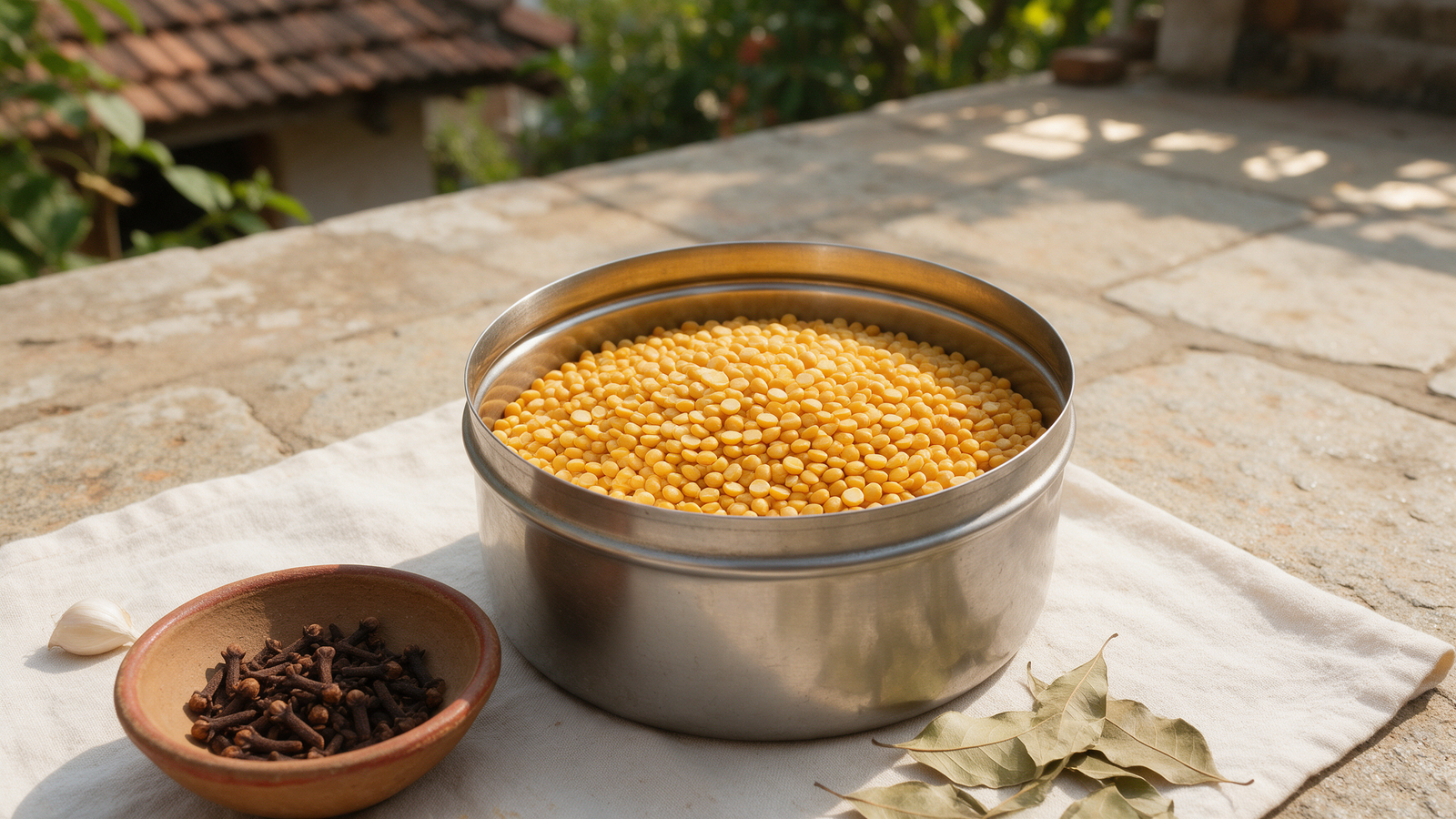 Toor dal spread out to sun dry on a cotton cloth with cloves garlic and neem leaves nearby
