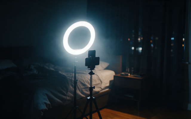 Smartphone on a tripod facing a bright ring light in a dark bedroom recording setup