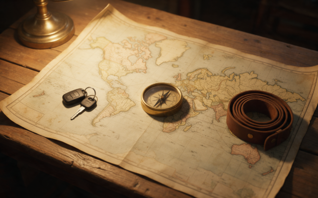 Aged world map on a wooden desk with a brass compass and car keys resting on top