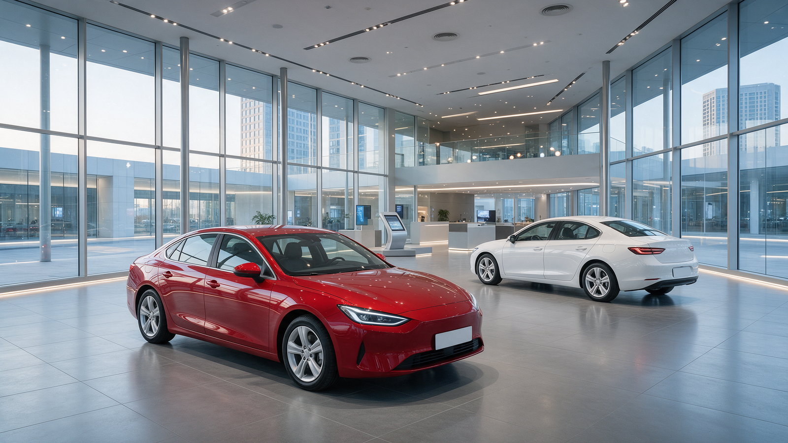 Bright modern car showroom floor with two unbranded sedans on polished grey tiles