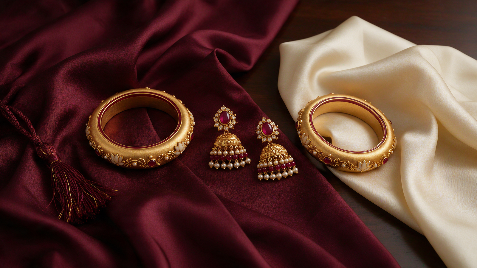 Gold bangles, earrings and folded silk fabric in maroon and cream tones on a dark surface