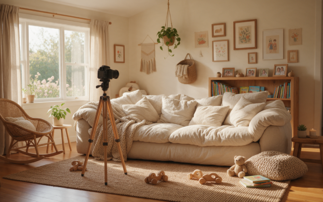 Cosy family living room in afternoon daylight with a camera on a tripod facing a sofa and children's toys
